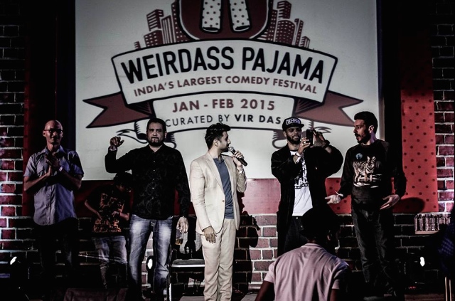 Eric Schwartz, Raj Sharma, Vir Das, Tehran Von Ghasri and Jeremy Craven at the Vishanya Amphitheatre in Pune, India, Jan. 23, 2015.